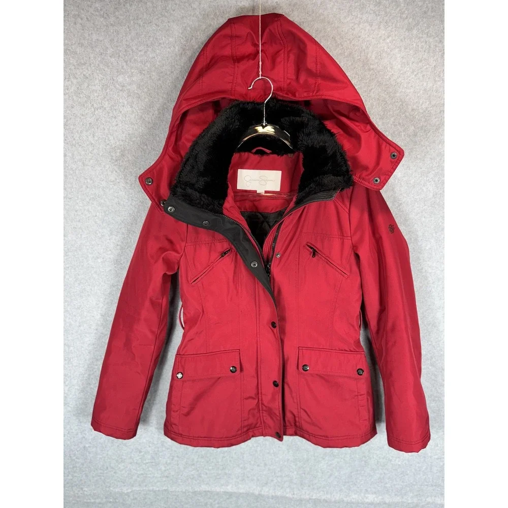 Jessica Simpson Jacket Womens Small Hooded Quilted Parka Faux‎ Fur Winter Coat